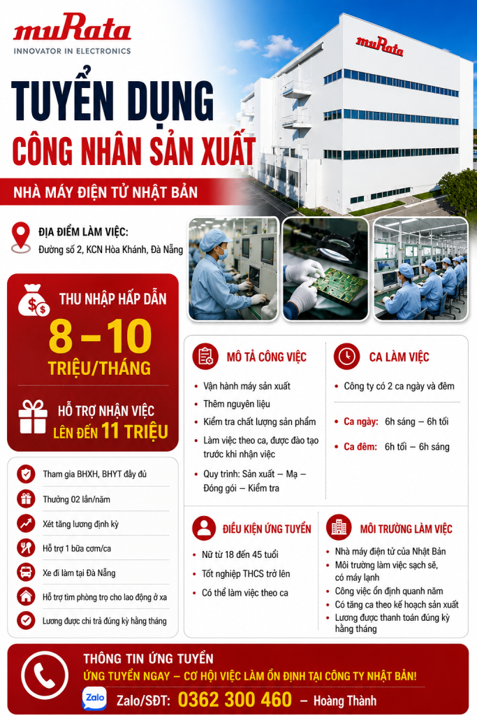 TUYỂN NỮ CÔNG NHÂN SẢN XUẤT NHÀ MÁY ĐIỆN TỬ NHẬT BẢN